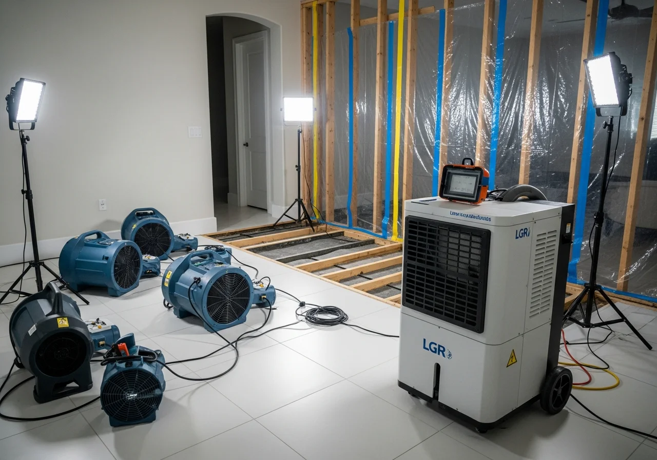 Industrial drying equipment and dehumidifiers set up in a water-damaged Boca Raton Florida home