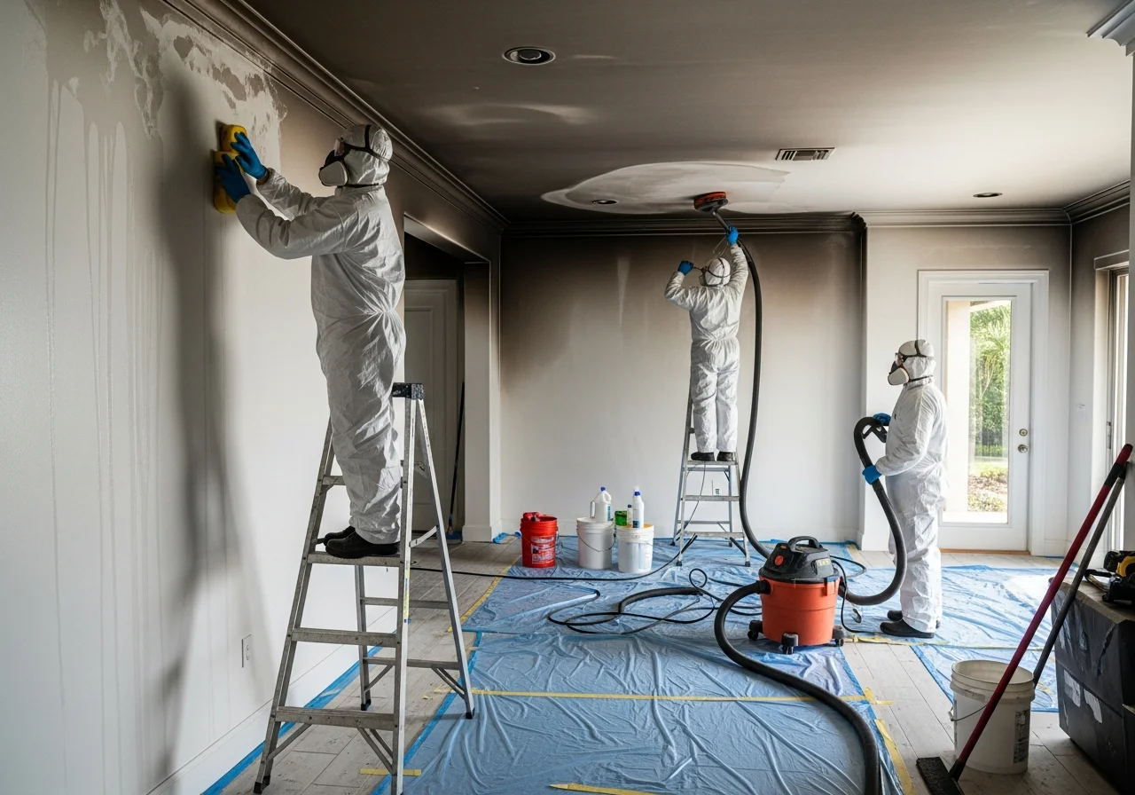 Palm Build restoration team responding to fire damage at a CBS stucco home in Boca Raton, Florida with palm trees and tropical landscaping