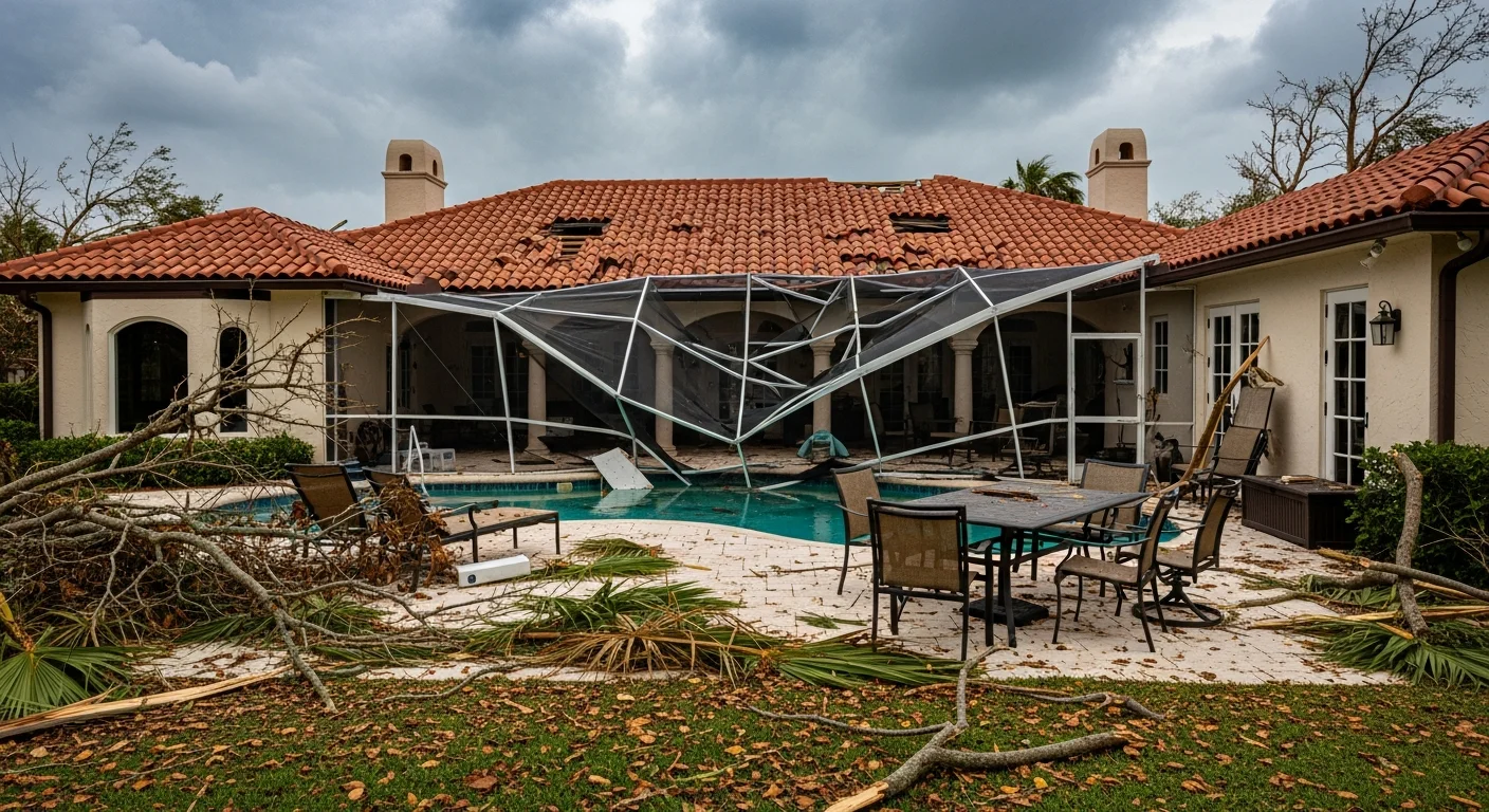 Hurricane damage to Boca Raton FL residential property with displaced roofing and debris