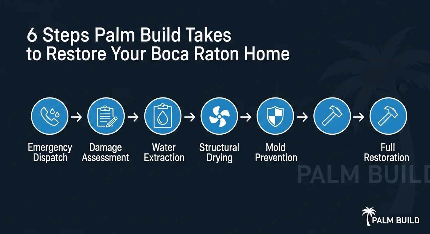 Infographic showing Palm Build's 6-step water damage restoration process for Boca Raton FL homes