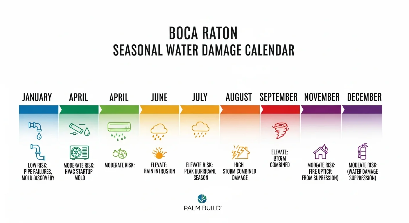 Boca Raton FL seasonal water damage risk calendar showing month-by-month damage patterns from hurricane season to pipe failures