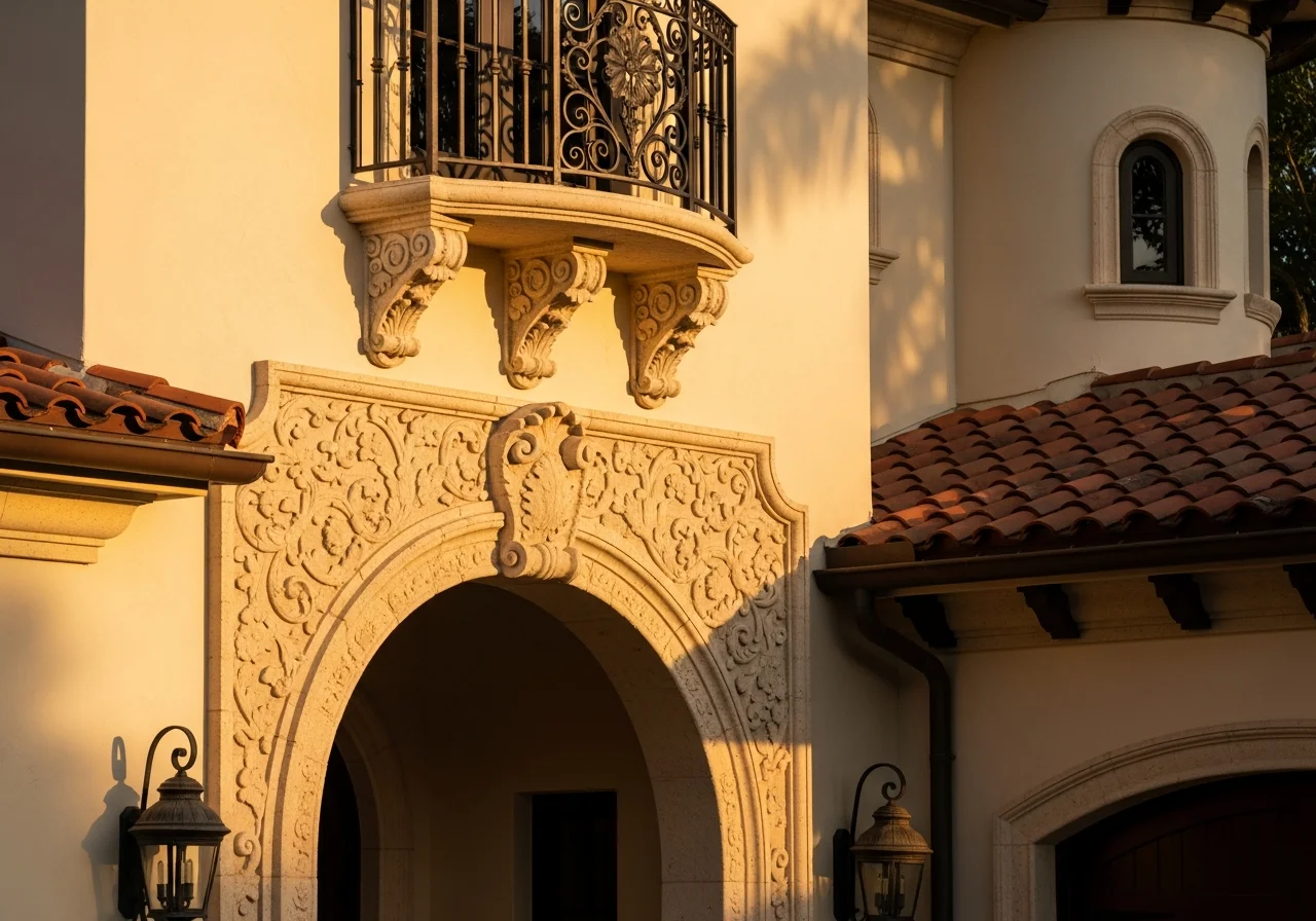 Addison Mizner Mediterranean Revival architecture detail in Boca Raton FL featuring barrel tile roof, arched openings, and cast stone