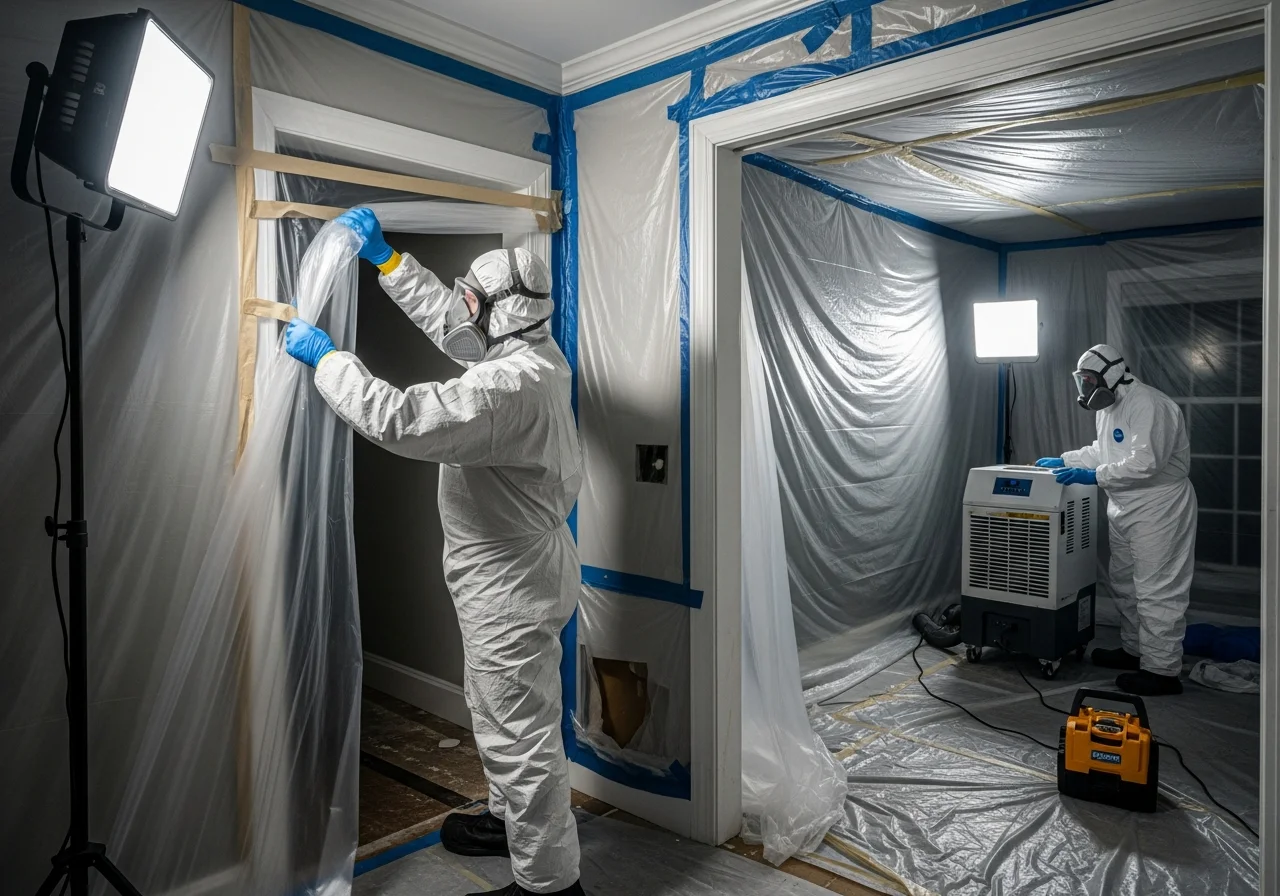 Professional mold remediation containment barrier with HEPA air scrubber setup in Boca Raton FL home