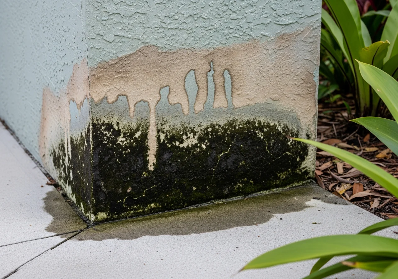 Mold growth at the base of stucco exterior wall showing moisture intrusion in Boca Raton FL
