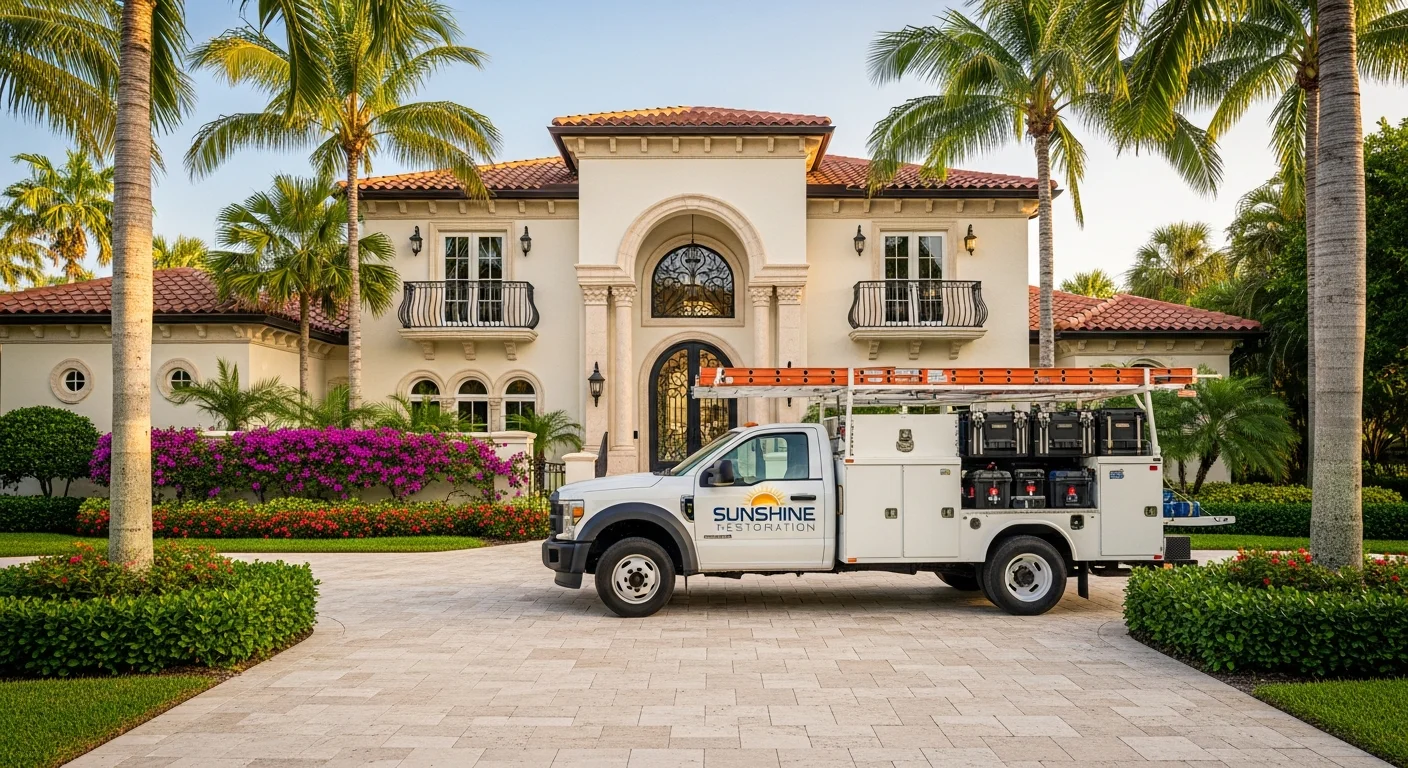 Palm Build restoration truck parked at a Mediterranean Revival style home in Boca Raton, Florida with terracotta barrel tile roof, royal palm trees, and tropical landscaping