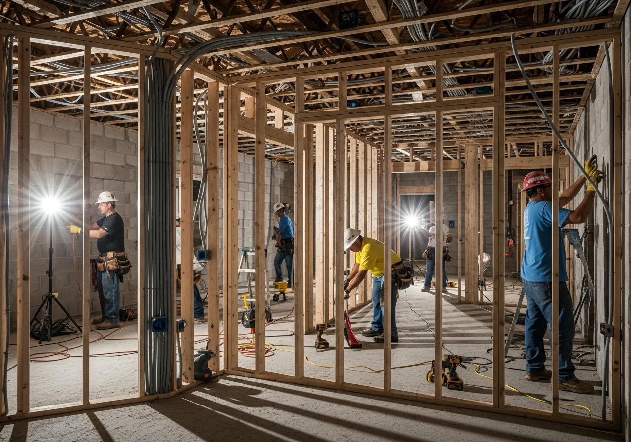 Interior reconstruction in progress at a luxury Boca Raton FL home showing CBS wall repair, new stucco, and premium finish work