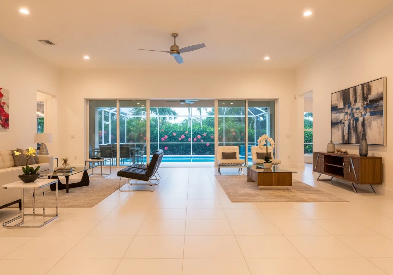 Beautifully restored living room with luxury finishes in a Boca Raton FL home after reconstruction