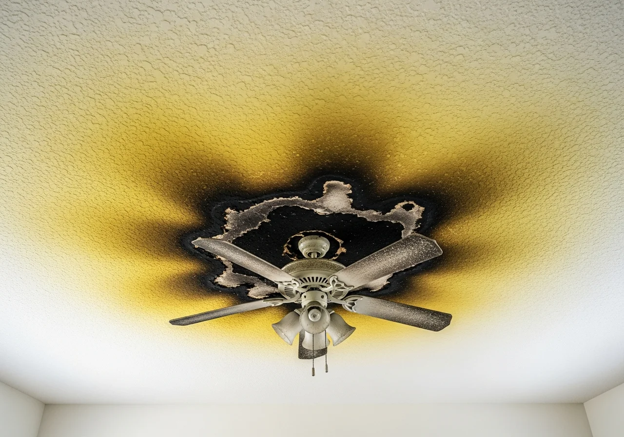 Smoke damage on ceiling and walls of a Boca Raton home showing discoloration patterns