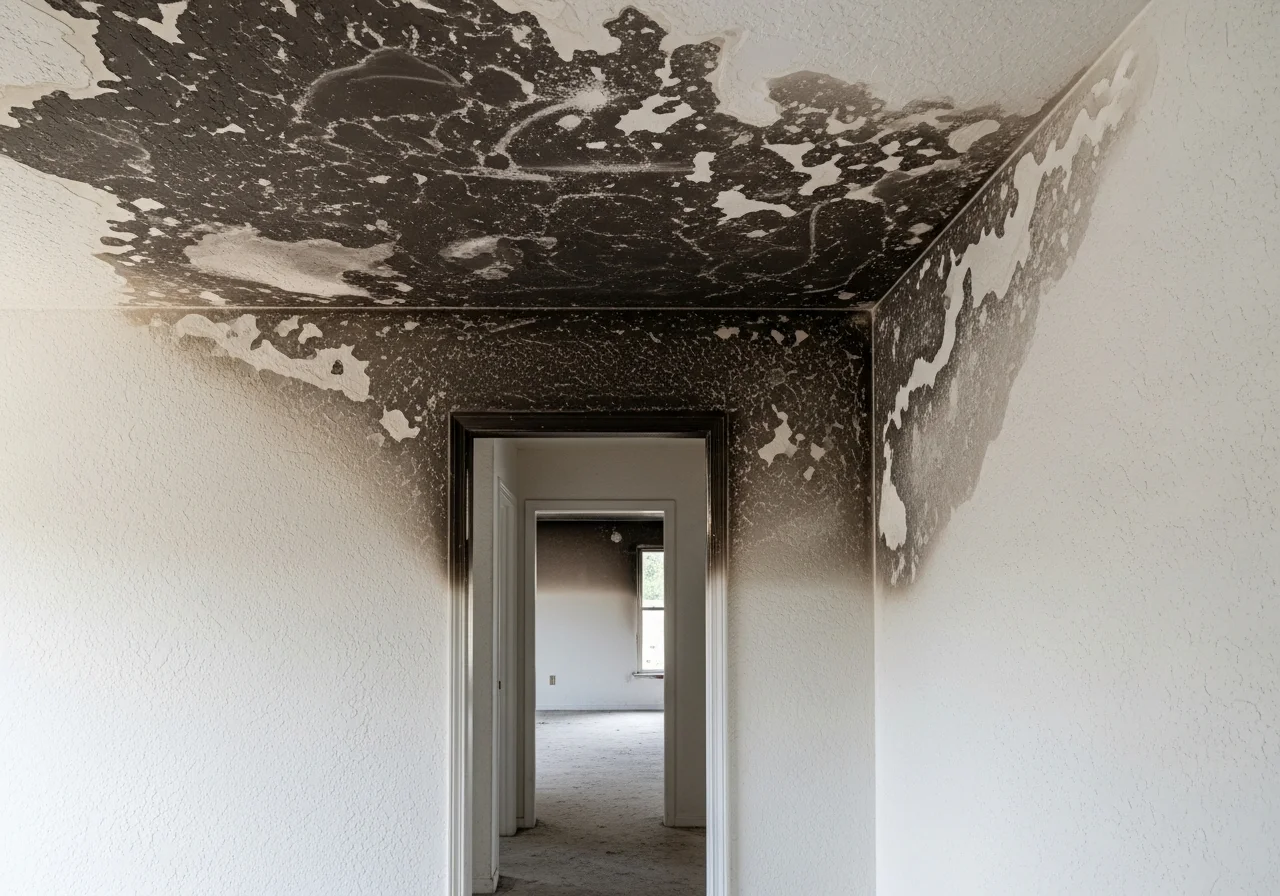 Heavy soot damage on interior stucco walls of a Boca Raton home after electrical fire