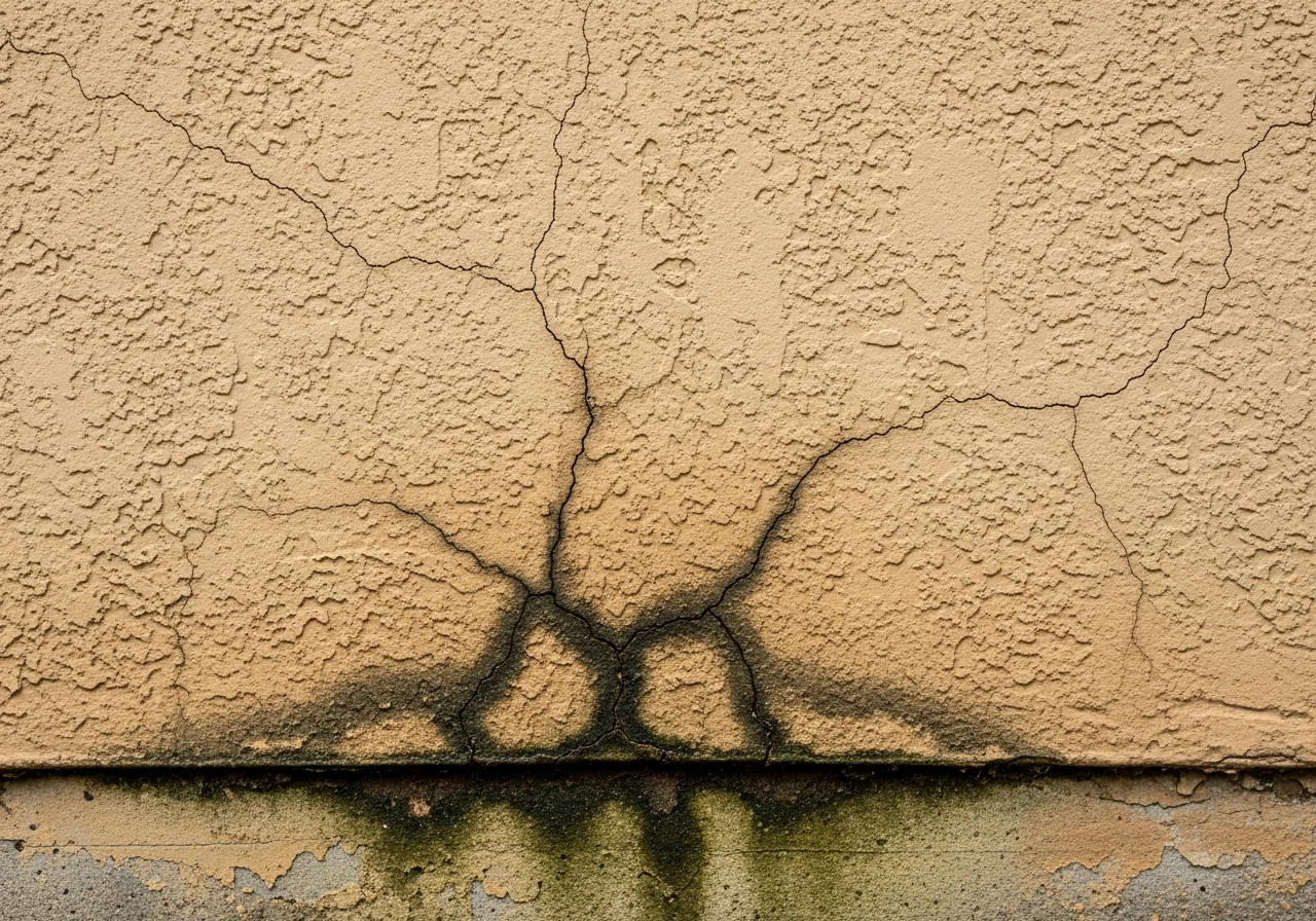 Close-up of hairline cracks in aged stucco on a CBS concrete block wall of a Boca Raton Florida home showing water intrusion damage