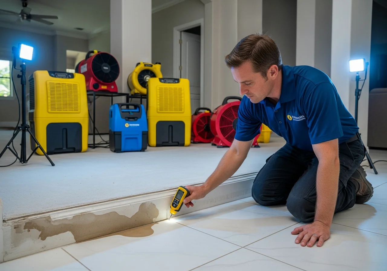 Palm Build technician taking moisture readings during reconstruction in Boca Raton