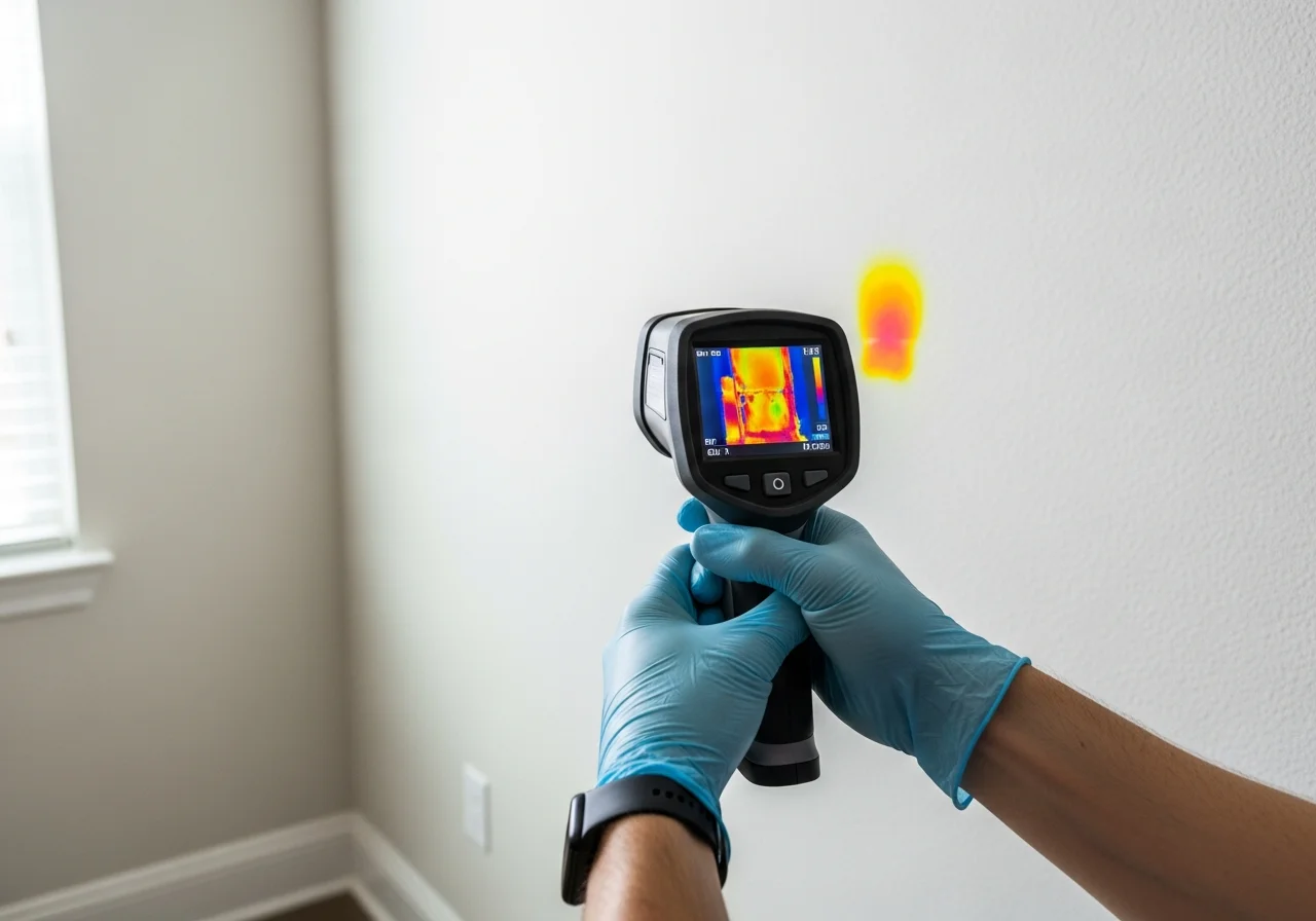 Professional thermal imaging camera being used for moisture detection during a Boca Raton FL water damage assessment