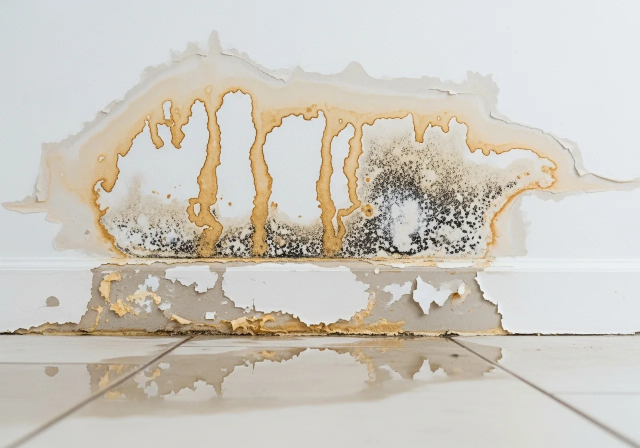 Water damage staining and mold growth on drywall near ceiling in a Boca Raton FL CBS home