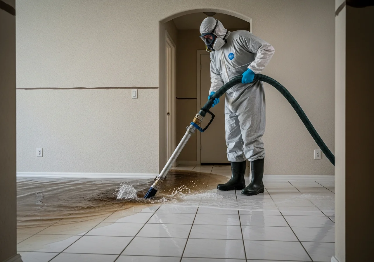 Restoration technician performing water extraction on tile floors inside a Boca Raton FL CBS home