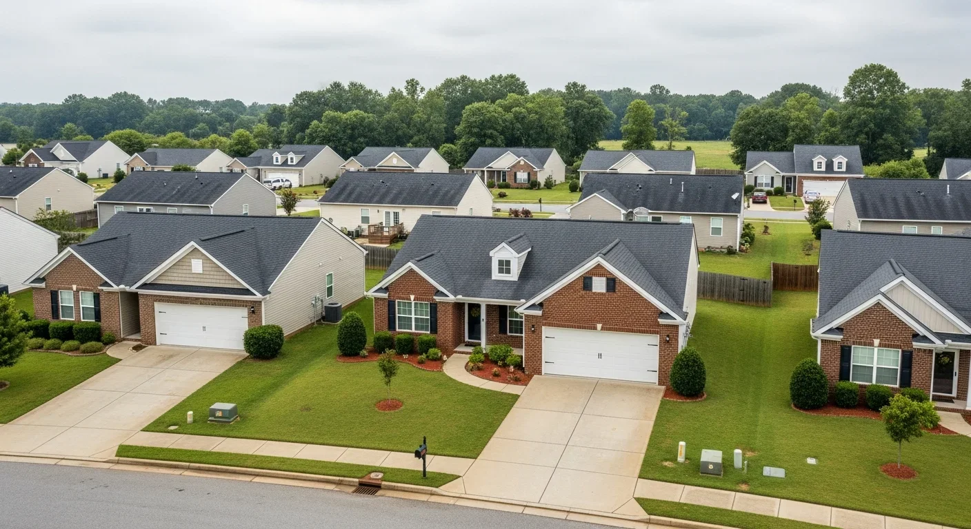 Boiling Springs South Carolina suburban neighborhood with post-2000 single-family homes showing crawl space construction typical of Spartanburg County
