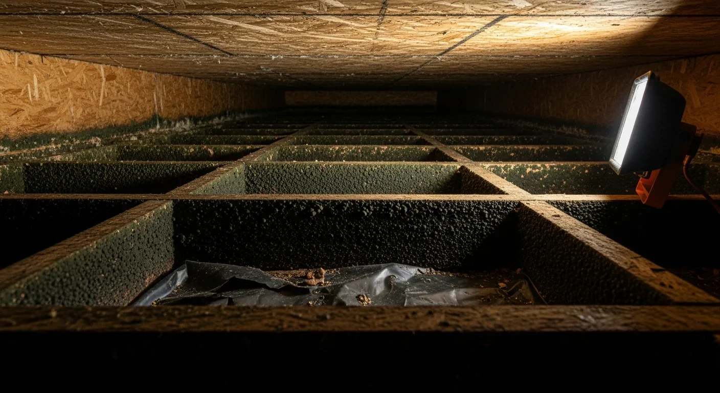 Mold growth on floor joists and subfloor sheathing in a Boiling Springs South Carolina crawl space before Palm Build remediation