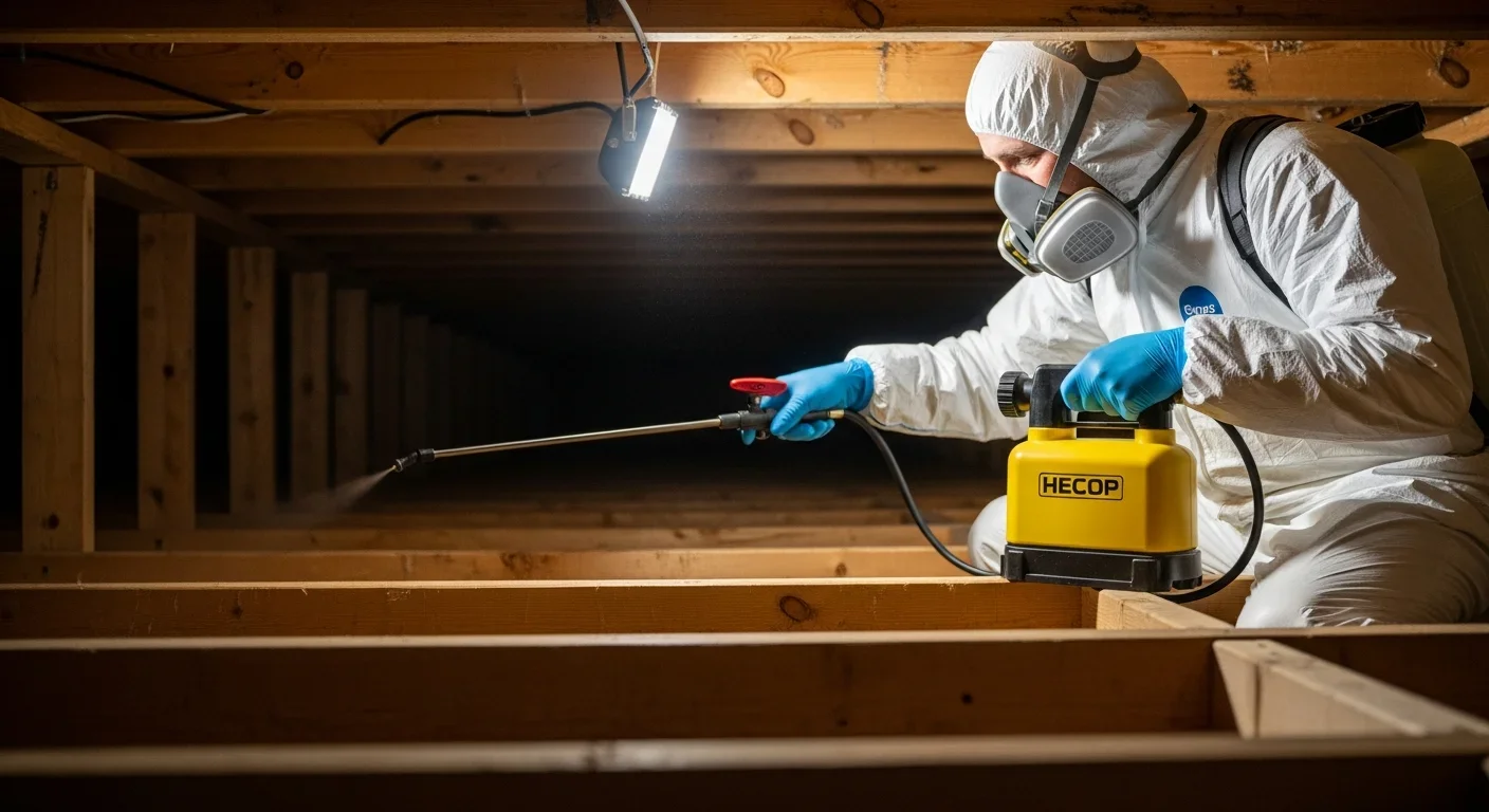 Palm Build technician in full protective gear treating mold on floor joists in a Boiling Springs South Carolina crawl space during professional remediation