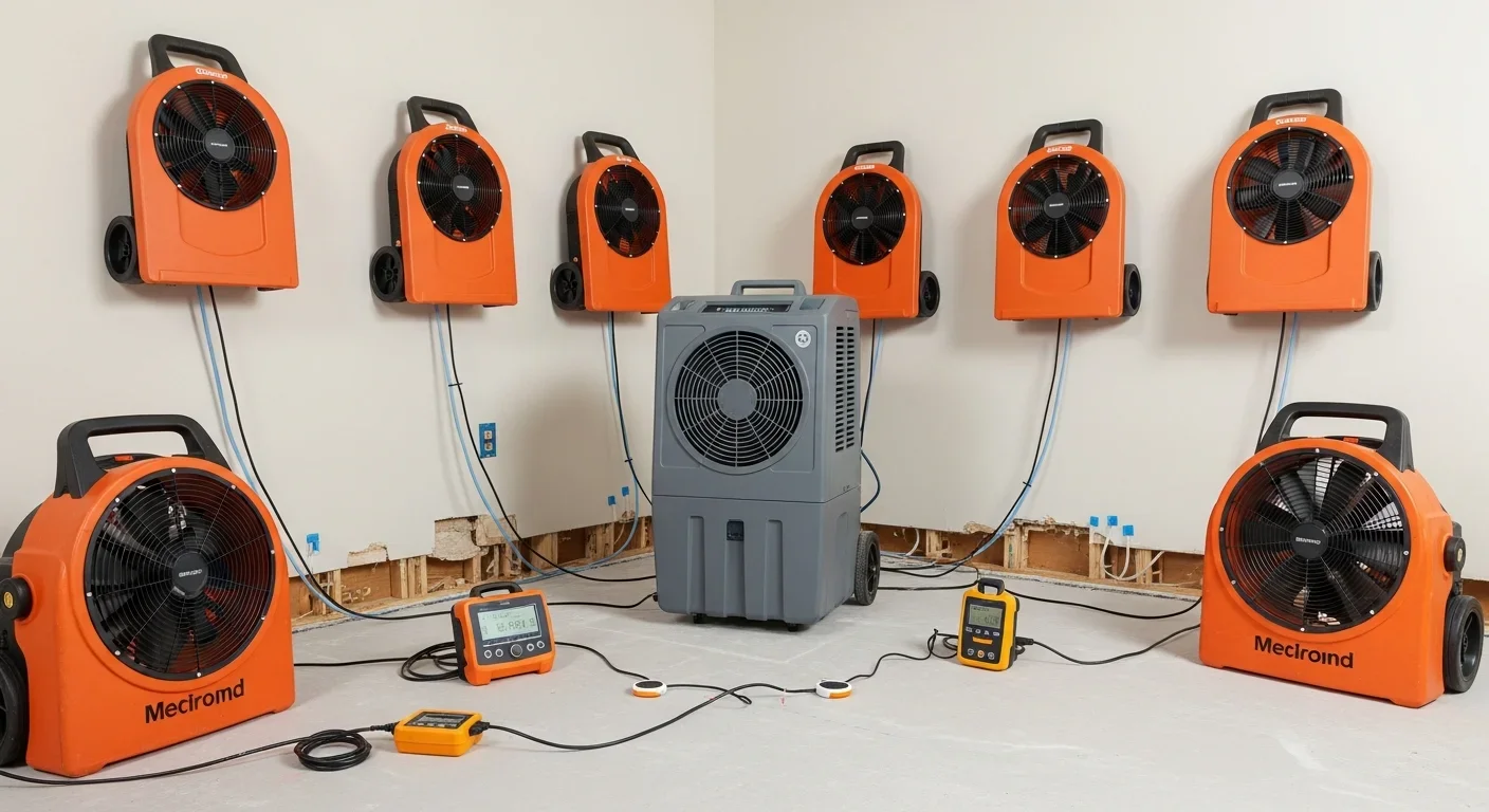 Palm Build industrial air movers and dehumidifiers set up in a Boiling Springs South Carolina home after water damage with moisture monitoring equipment