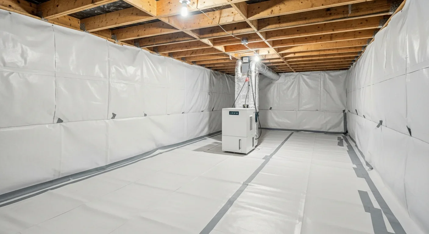 Freshly encapsulated crawl space in a Boiling Springs South Carolina home with white vapor barrier and dehumidifier after Palm Build mold remediation