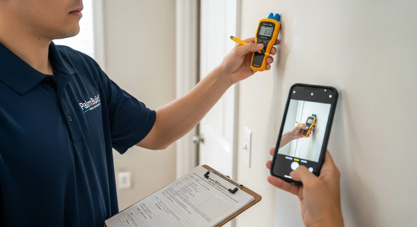 Palm Build technician documenting water damage with moisture meter readings and visual evidence in a Boiling Springs South Carolina home for insurance claim