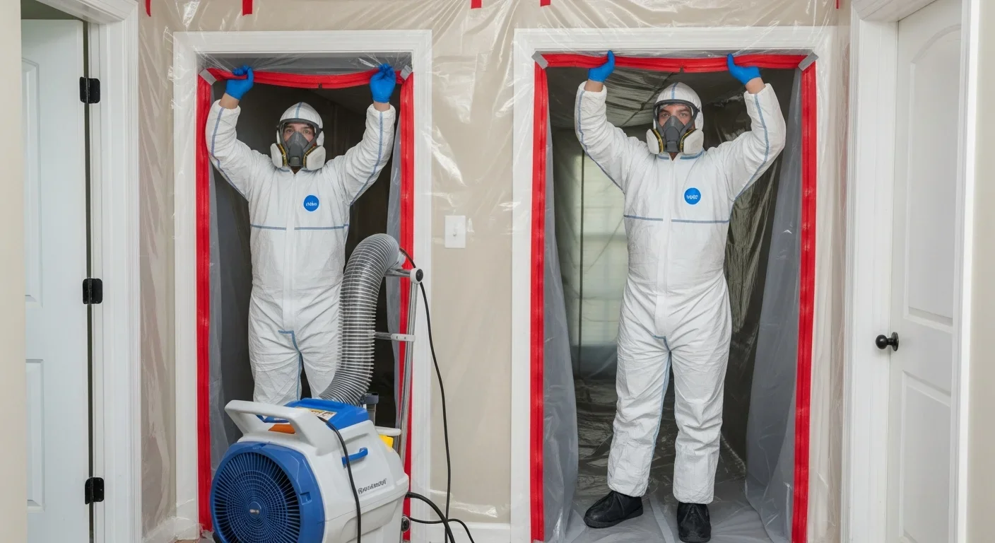 Palm Build technicians setting up negative air pressure containment with HEPA air scrubber in a Boiling Springs home before mold remediation
