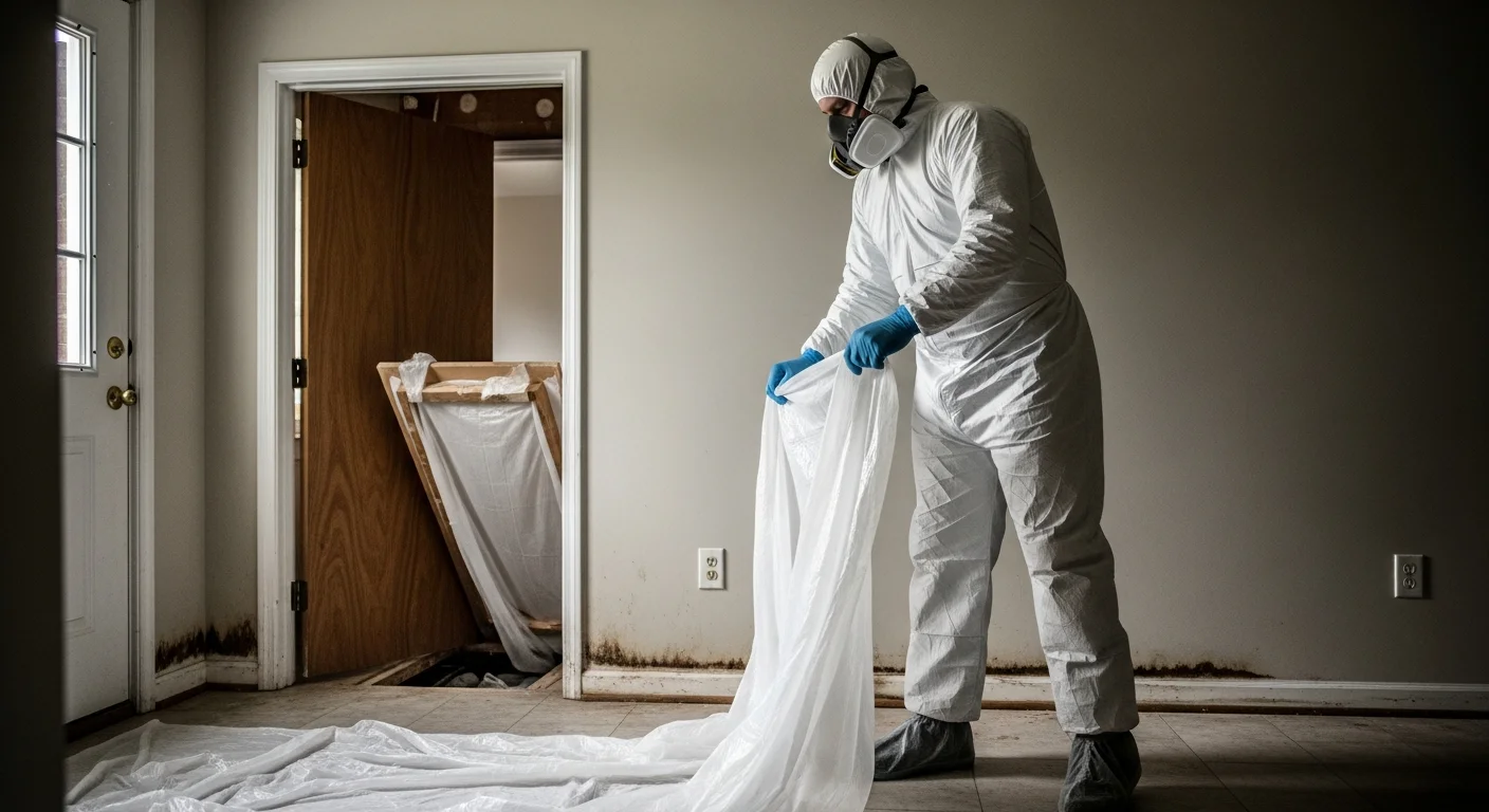 Palm Build mold remediation technician in full Tyvek protective suit setting up HEPA negative air containment in a Boiling Springs South Carolina home with crawl space mold damage