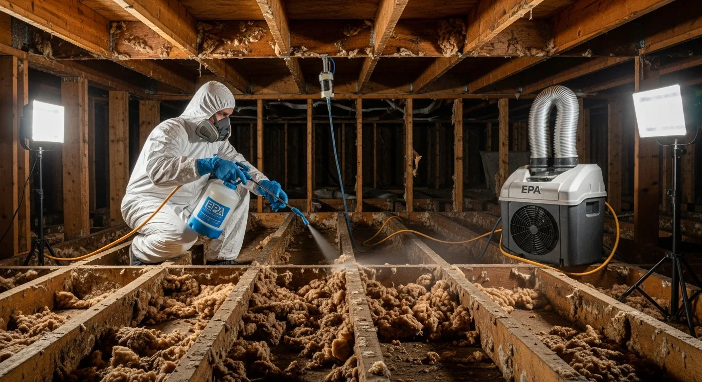 Palm Build technician applying EPA-registered antimicrobial treatment to subfloor and insulation in a Spartanburg County crawl space