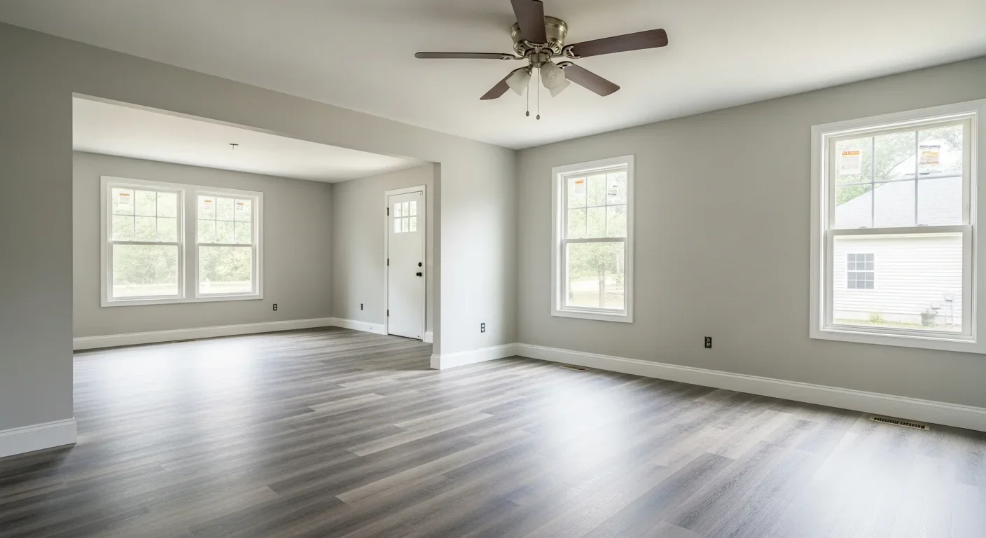 Fully restored Boiling Springs South Carolina home interior after water damage restoration by Palm Build showing new drywall and flooring