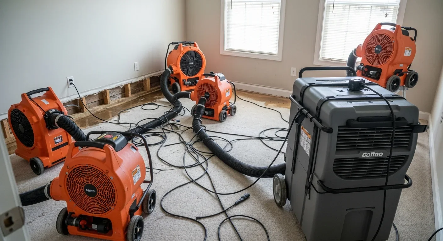 Industrial air movers and dehumidifiers positioned in a Boiling Springs home bedroom during structural drying after water damage