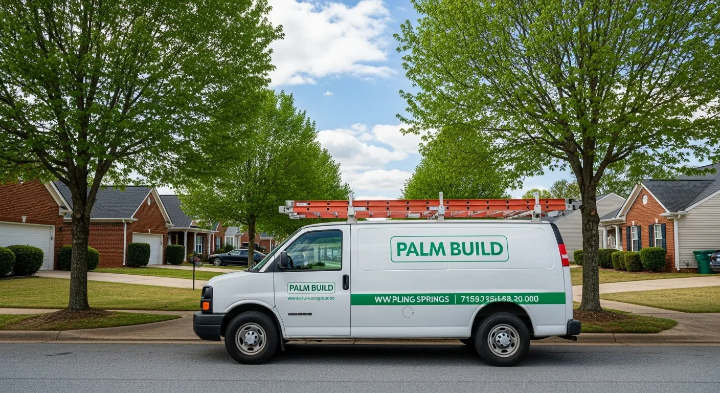 Palm Build restoration team van parked in Boiling Springs South Carolina neighborhood with branded white vehicle ready for water damage response