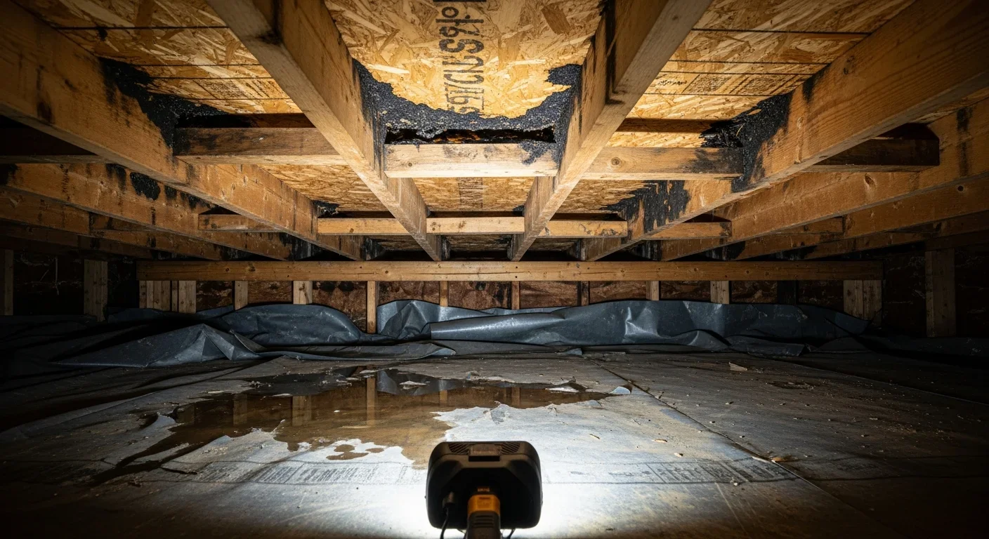 Water damaged crawl space in a Boiling Springs South Carolina home showing wet insulation and subfloor moisture damage before Palm Build remediation