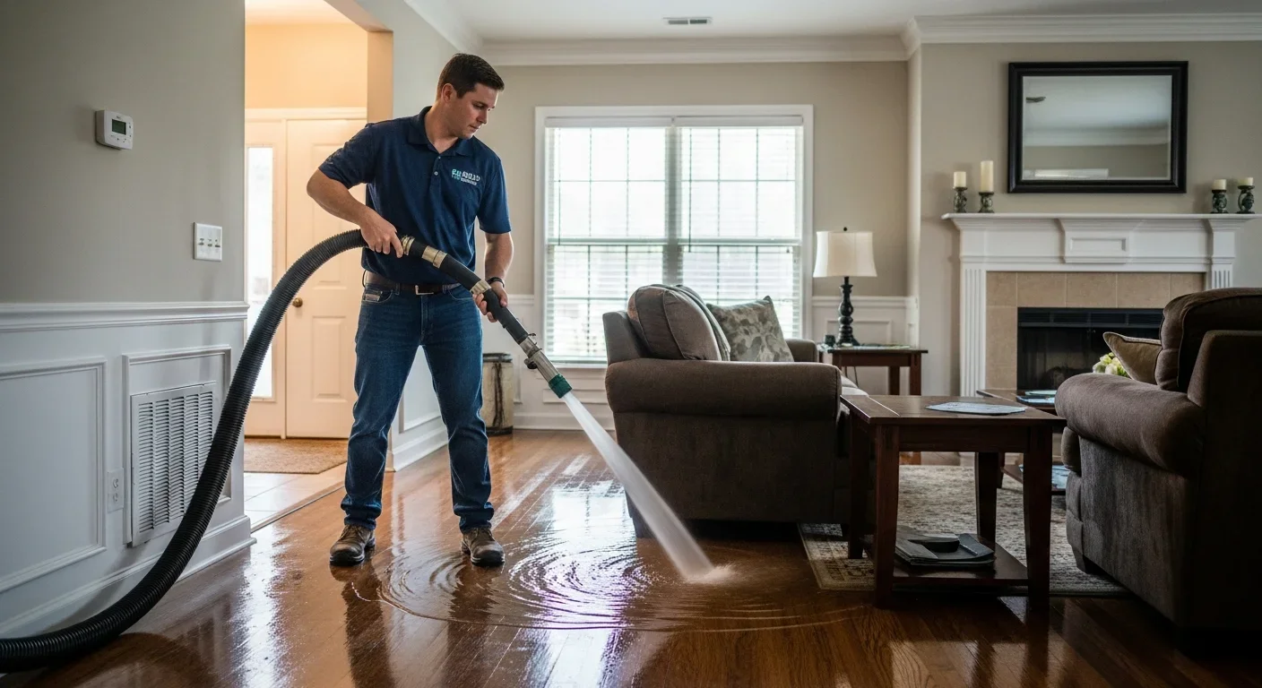 Palm Build technician performing emergency water extraction in a Boiling Springs South Carolina living room after burst pipe flooding
