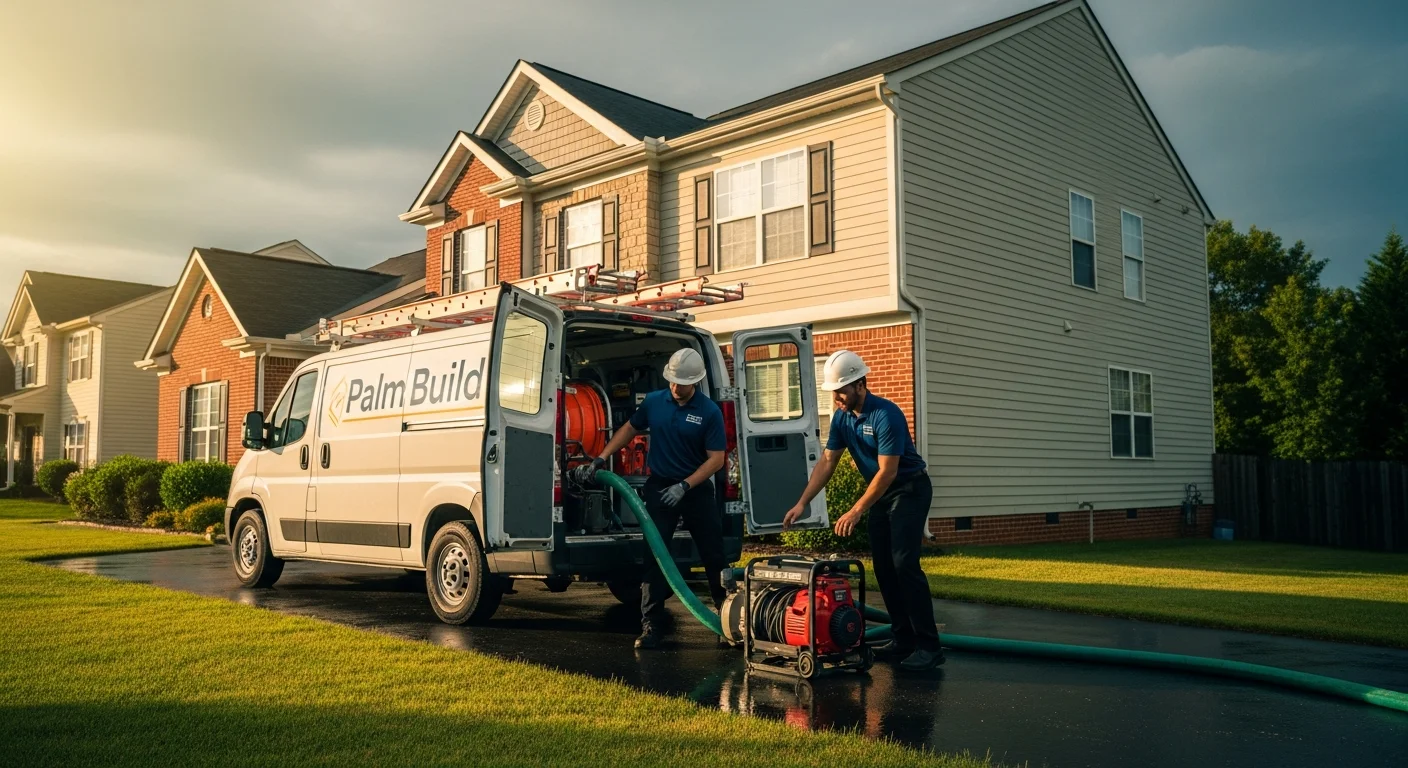 Palm Build restoration crew arriving at a Boiling Springs South Carolina suburban home after storm water damage with extraction equipment and branded white service van in the driveway