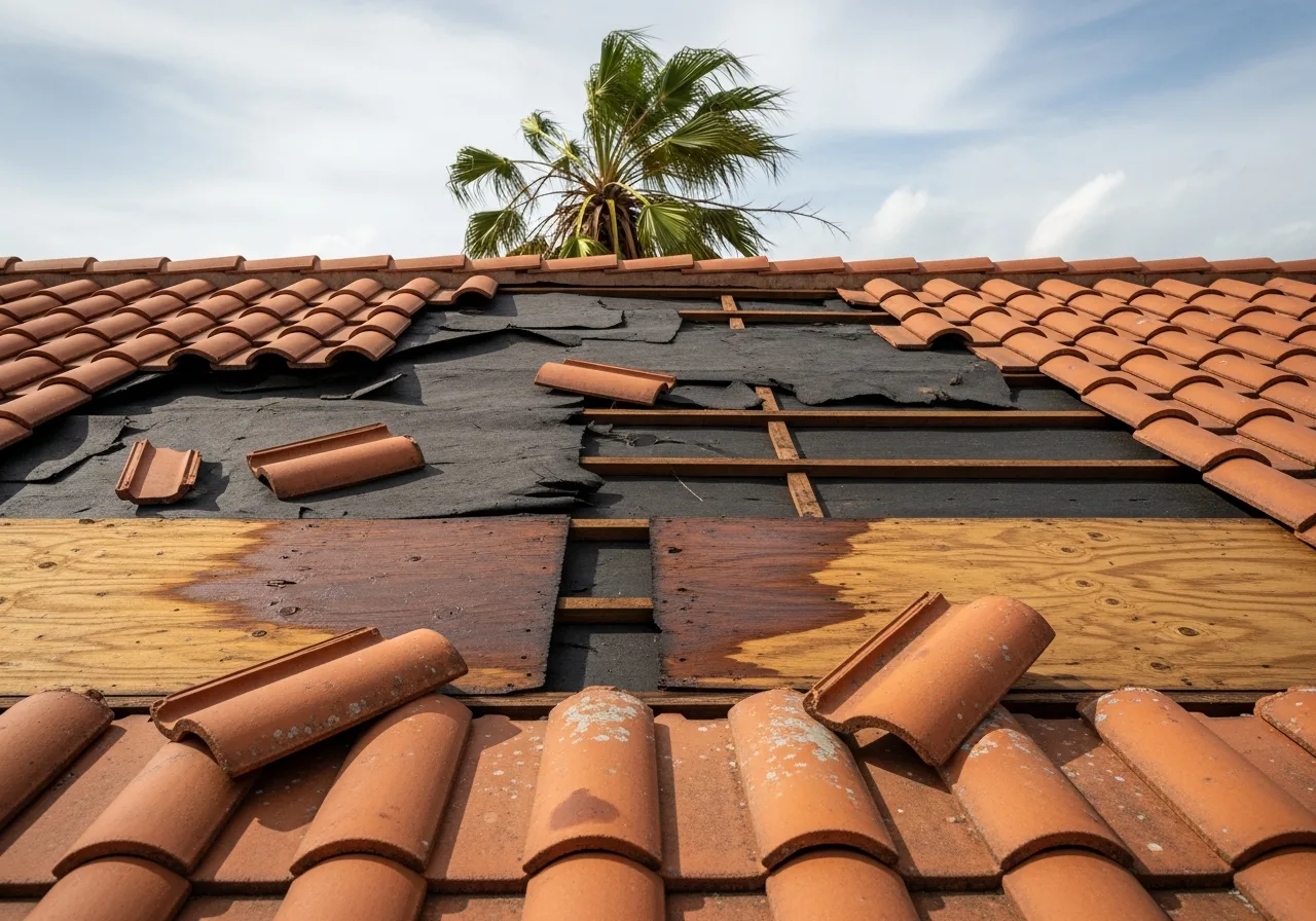 Displaced barrel tile roof on Boynton Beach FL home after hurricane showing exposed underlayment and water intrusion path