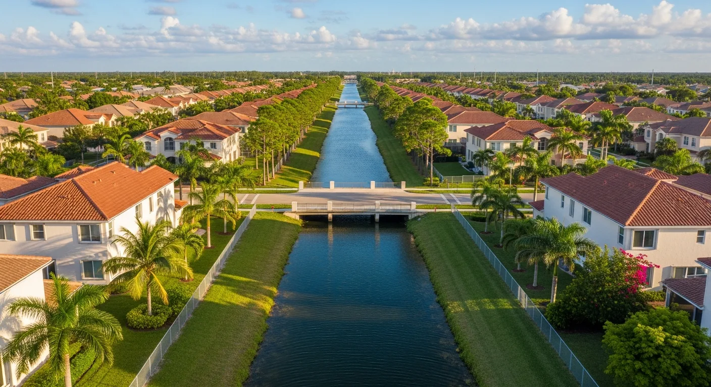 Aerial view of the LWDD canal system running through residential neighborhoods in Boynton Beach, Florida