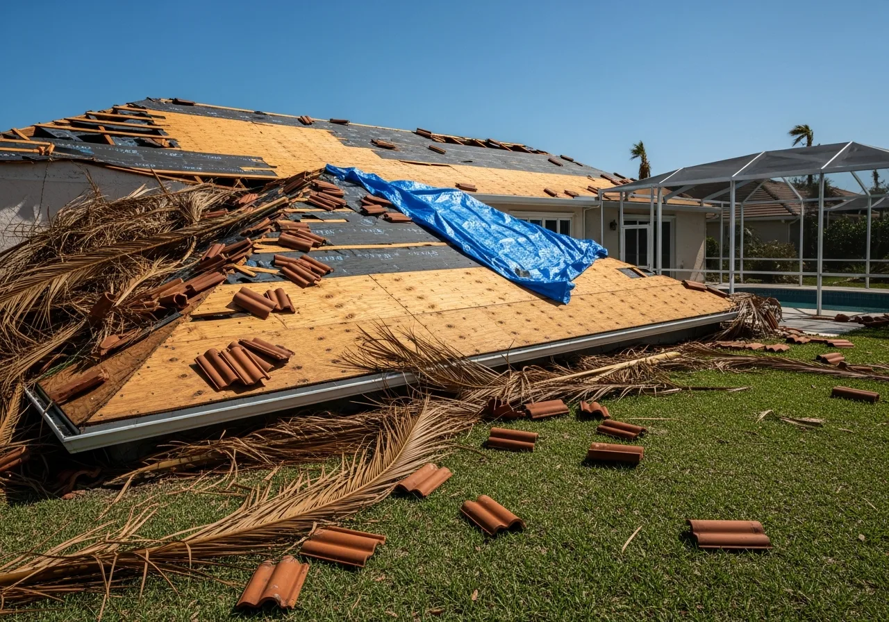 Hurricane wind damage to barrel tile roof on Boynton Beach FL home showing displaced tiles and exposed underlayment