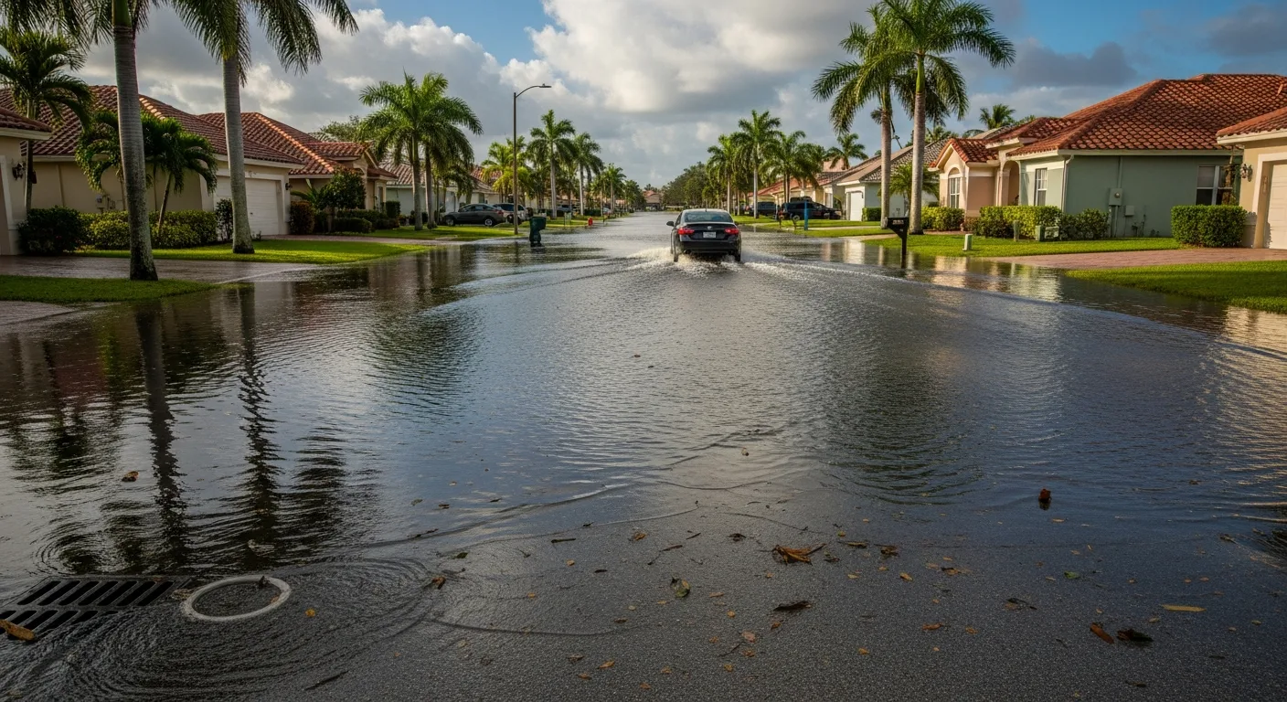 Residential street flooding in Boynton Beach, Florida during a heavy rain event with standing water covering the road
