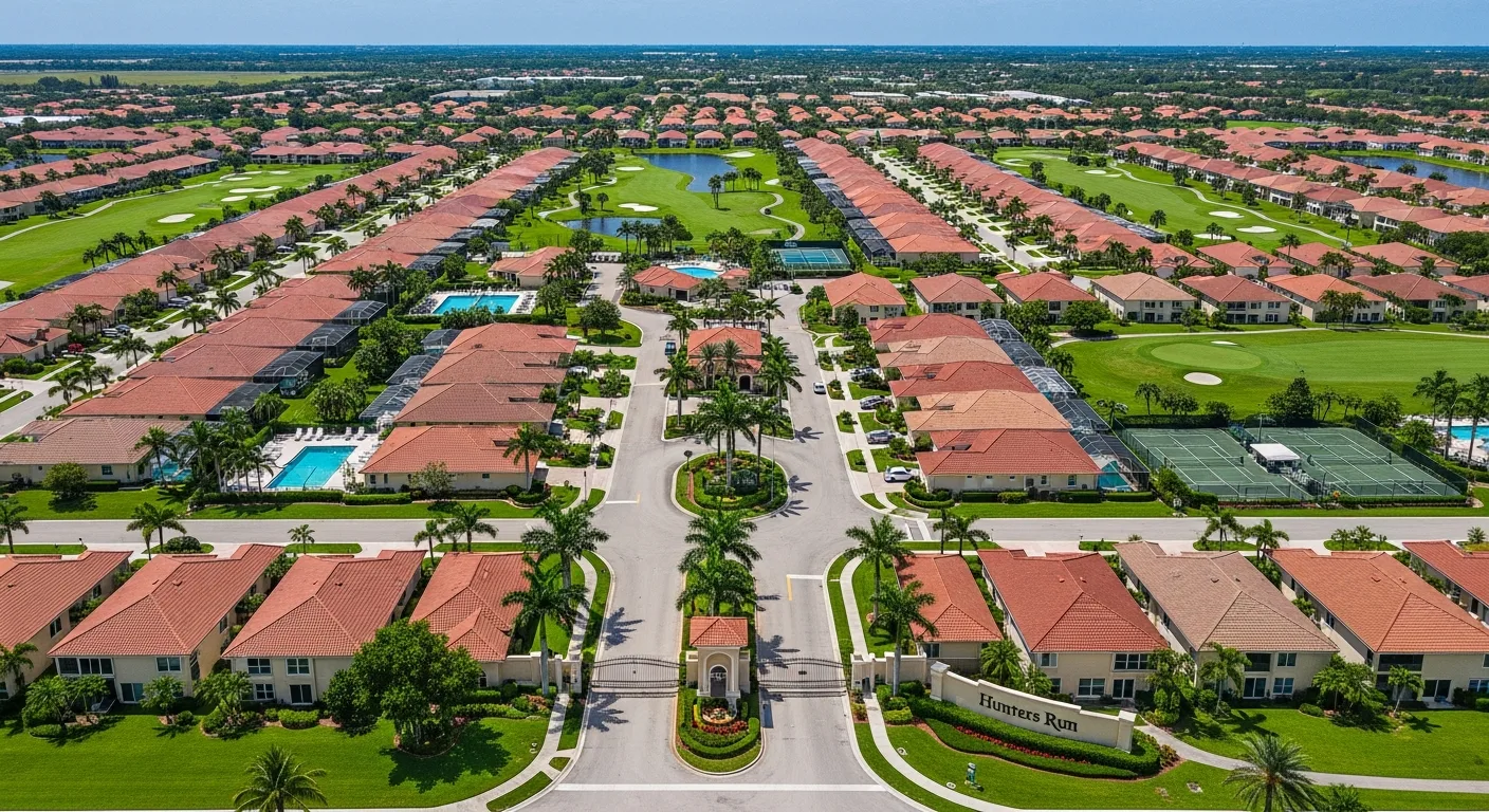 Aerial view of Hunters Run retirement community in Boynton Beach showing hundreds of residential units