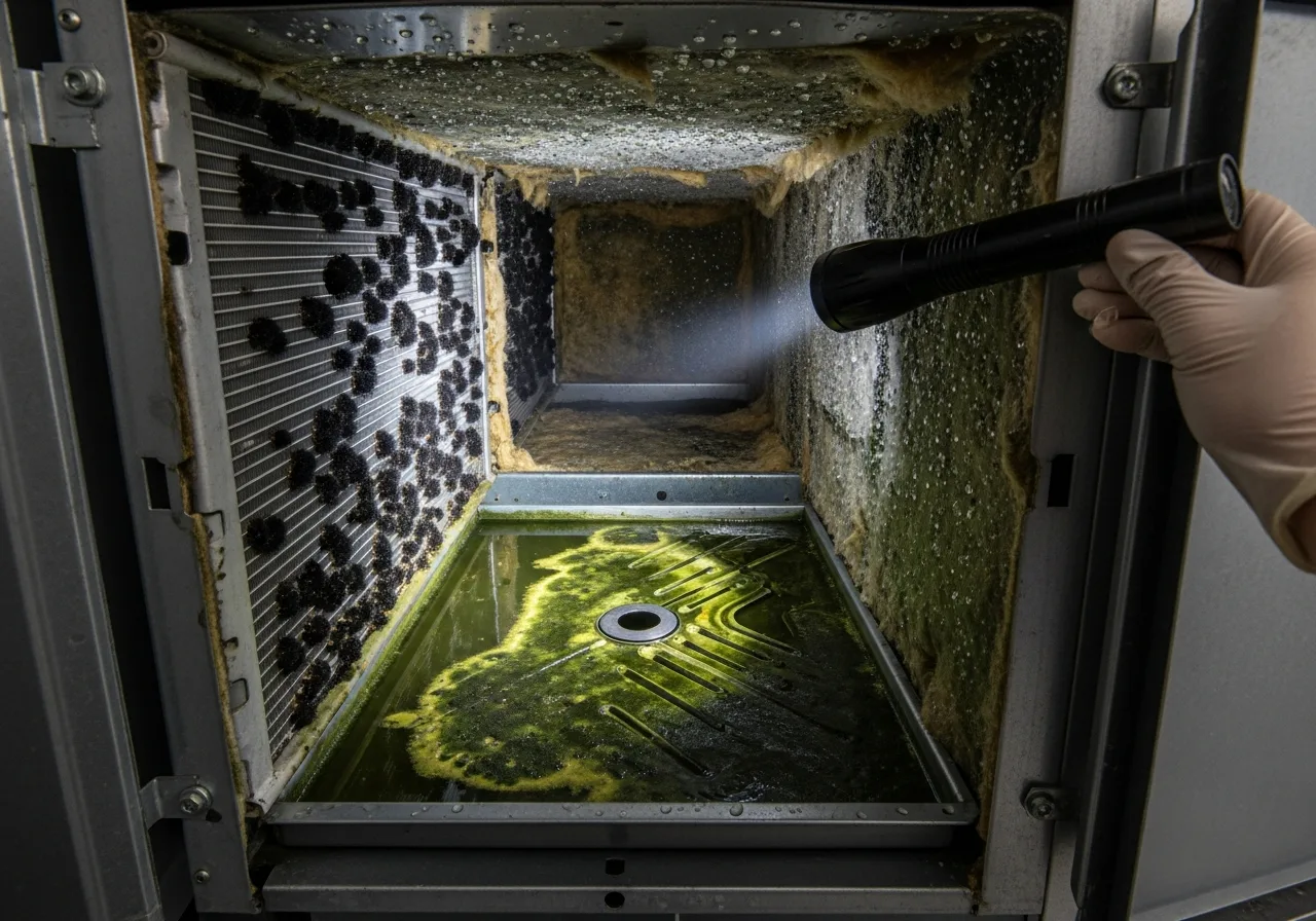 HVAC condensation mold growth on attic ductwork in a Boynton Beach FL home showing the Paston Effect