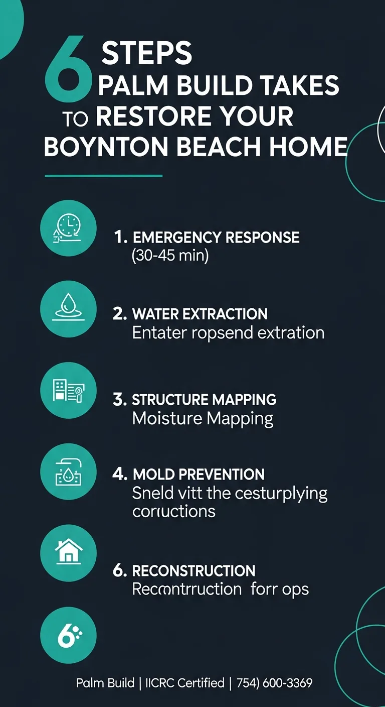 Infographic showing 6 steps Palm Build takes to restore a Boynton Beach Florida home after water damage