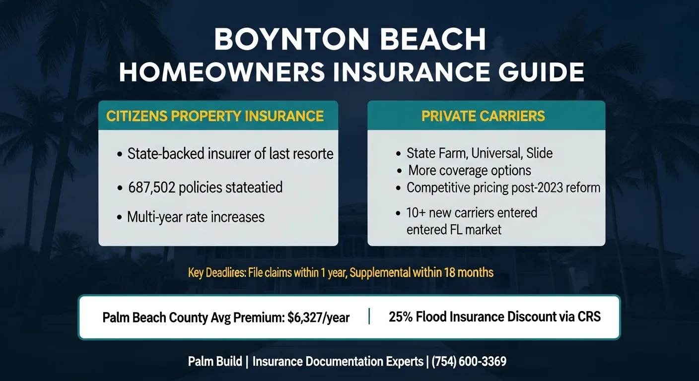 Infographic comparing Citizens Property Insurance vs private carriers for Boynton Beach FL homeowners — policy counts, premium ranges, and coverage differences