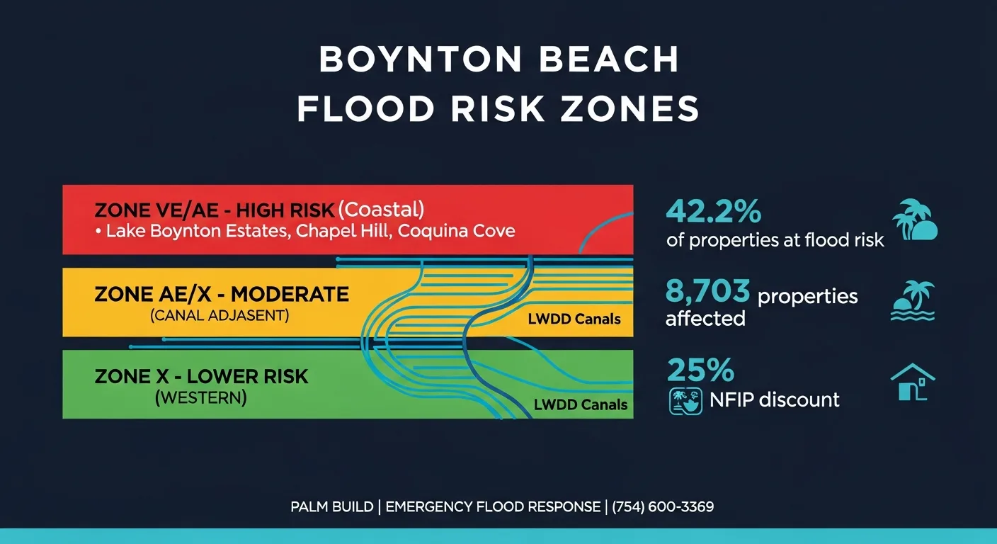 Infographic showing LWDD canal flood zones and vulnerable neighborhoods in Boynton Beach FL
