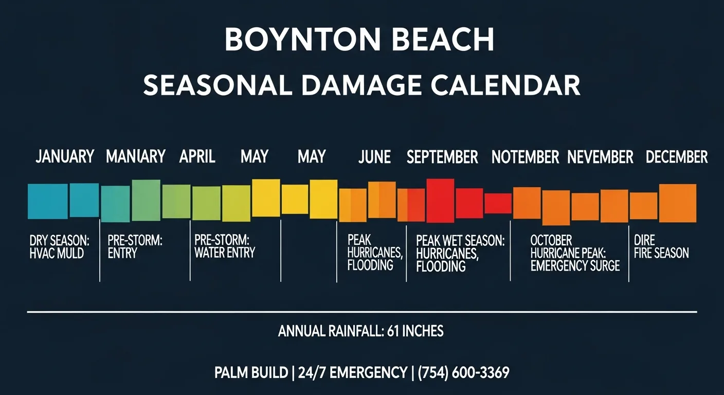 Infographic showing month-by-month damage risks for Boynton Beach, Florida homes including hurricane season, mold season, and fire season