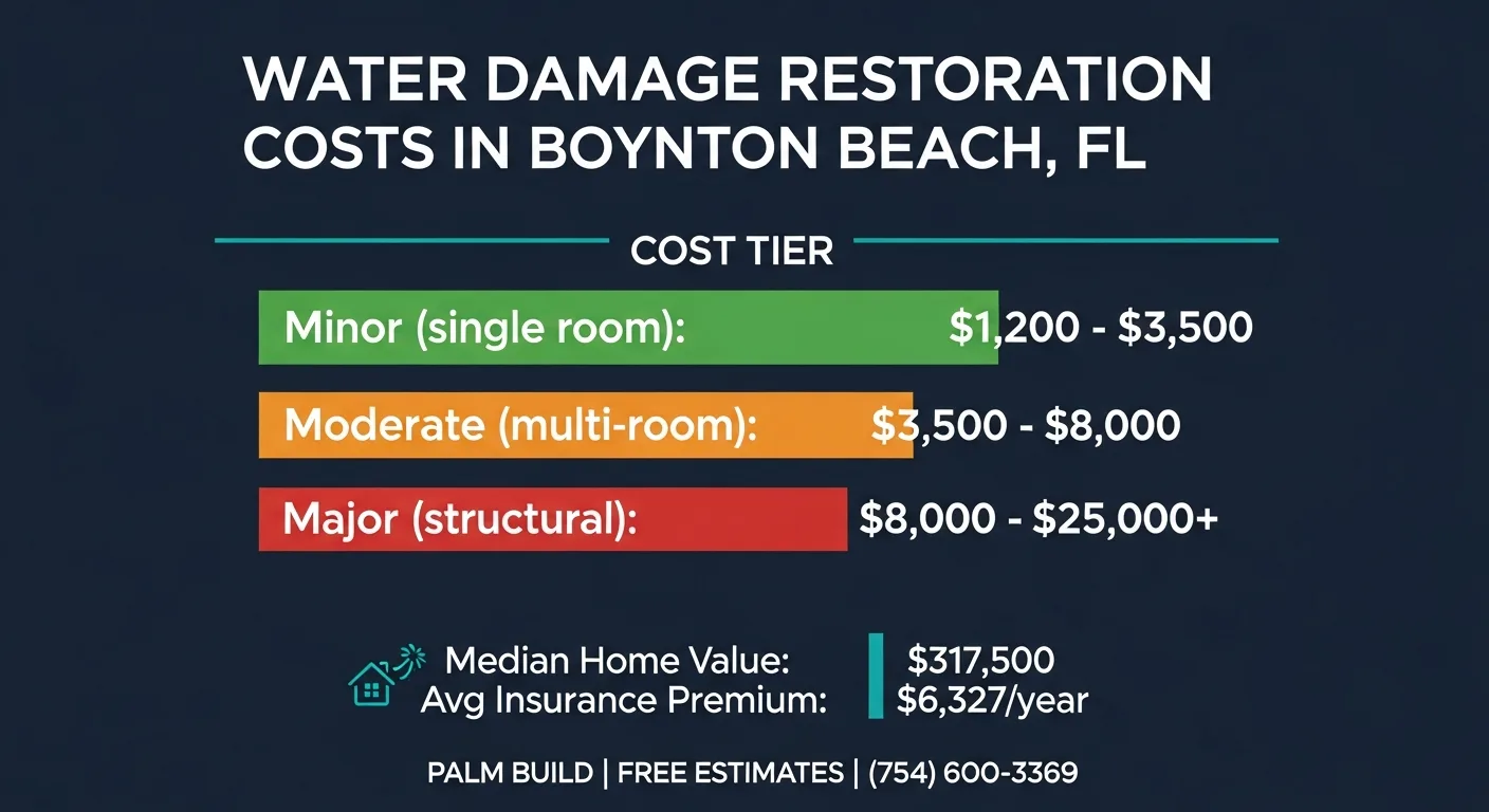 Infographic showing water damage restoration cost ranges for Boynton Beach, Florida homes