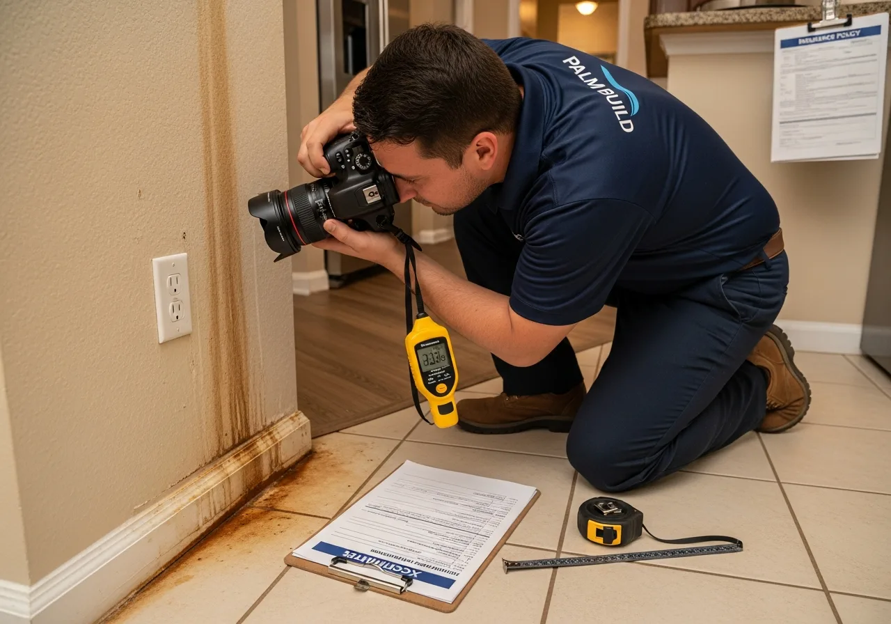 Palm Build insurance documentation specialist photographing and documenting water damage in a Boynton Beach Florida home for an insurance claim