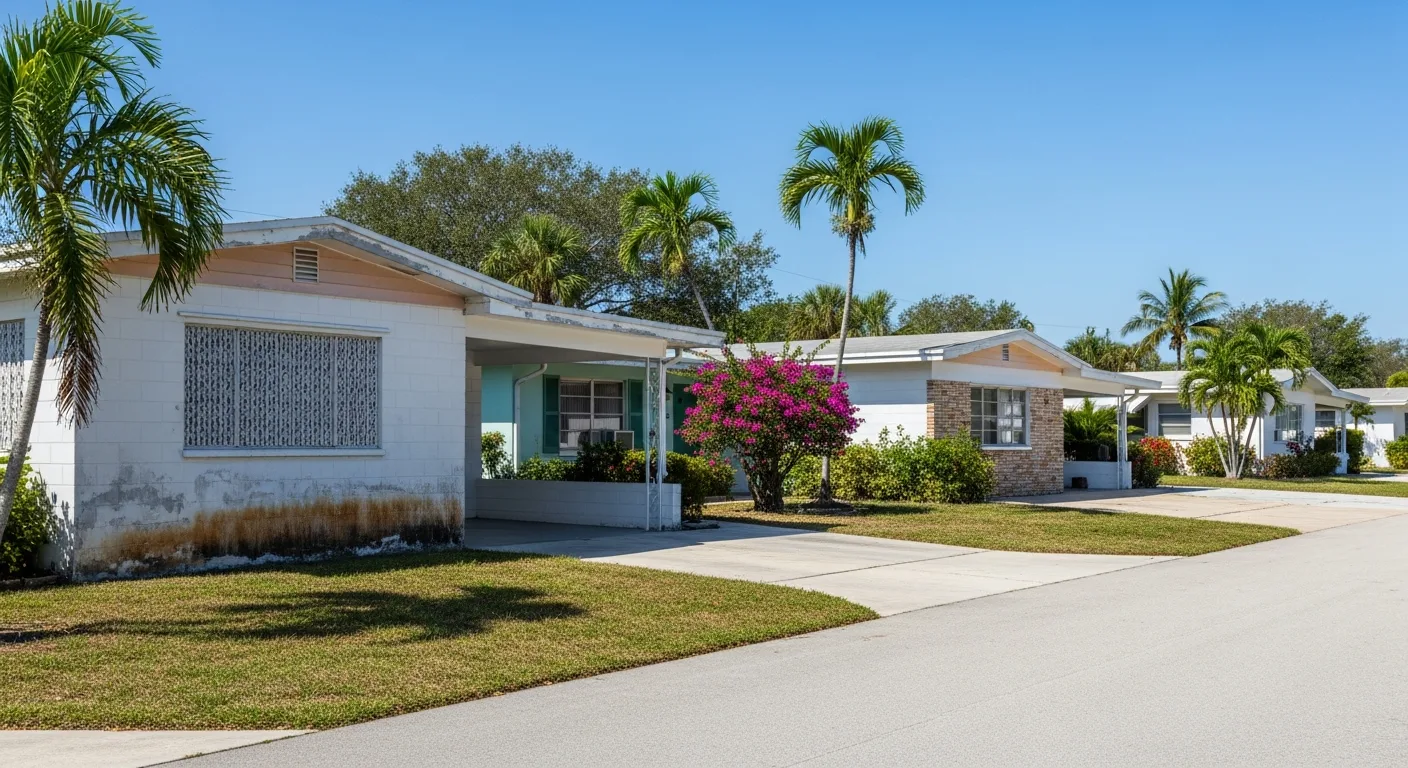 Leisureville ranch homes in Boynton Beach FL showing 1960s-era CBS construction typical of retirement communities