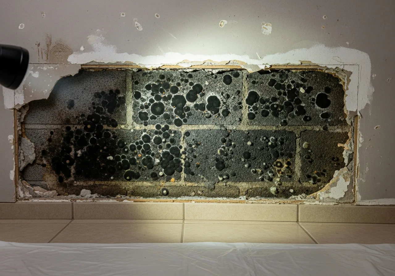 Hidden mold growth behind drywall on CBS concrete block wall in a Boynton Beach FL home