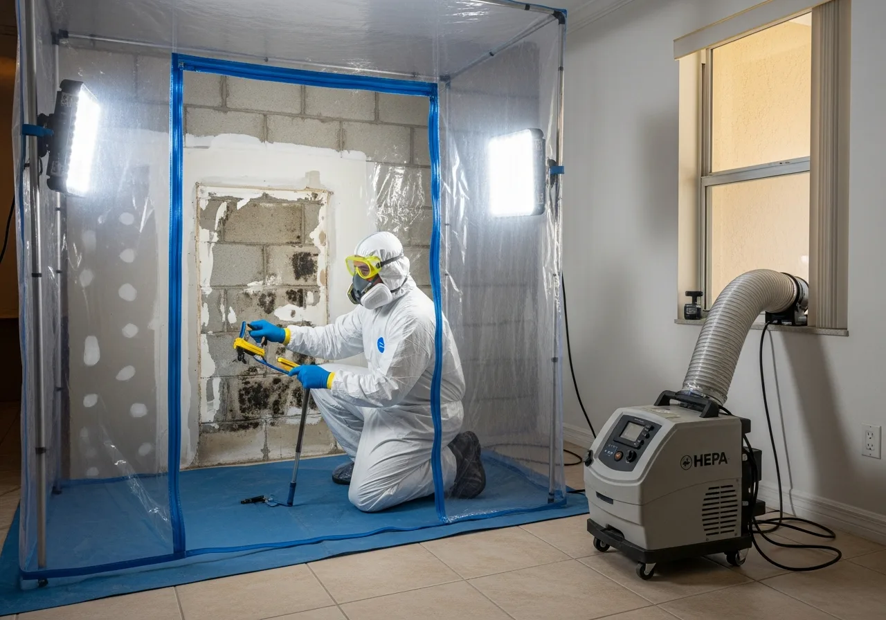 Professional mold remediation containment barrier with HEPA air scrubber setup in Boynton Beach FL home