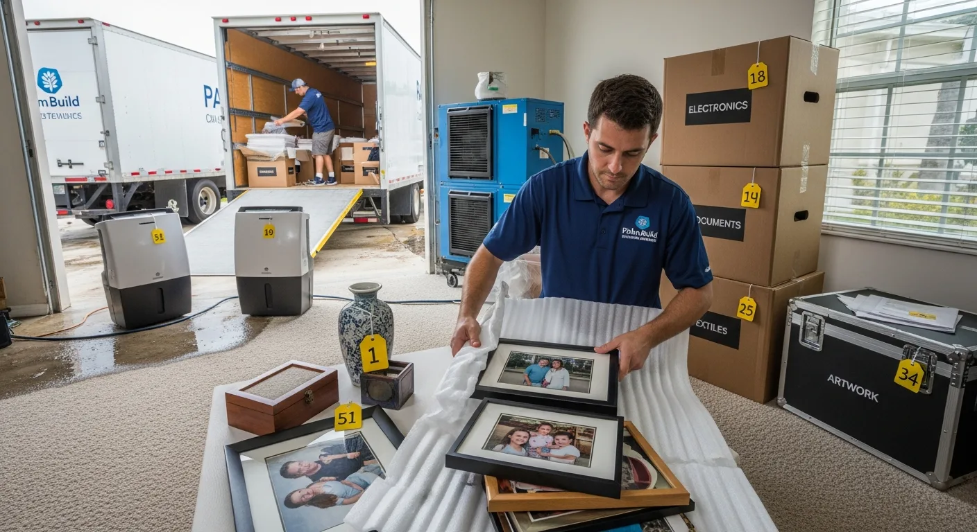 Palm Build contents restoration team carefully inventorying and packing personal belongings in a Boynton Beach Florida home after water damage
