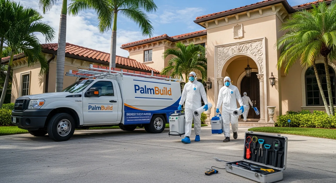 DBPR-licensed mold remediation technician performing moisture assessment in a Boynton Beach FL home with HEPA filtration equipment